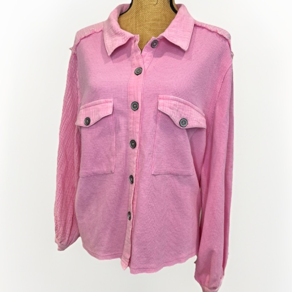 POL Oversized Button Down Waffle Knit Combo Top P… - image 1